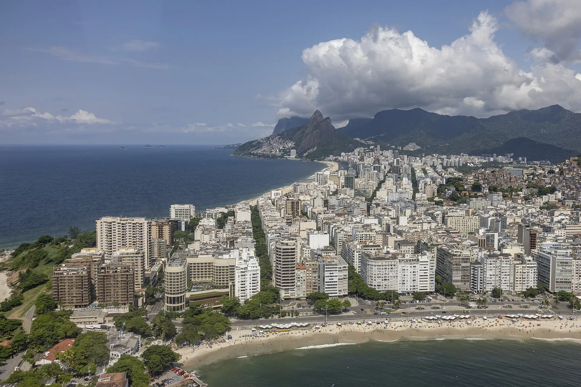 Ipanema beach at golden hour, Two Brothers mountain beyond