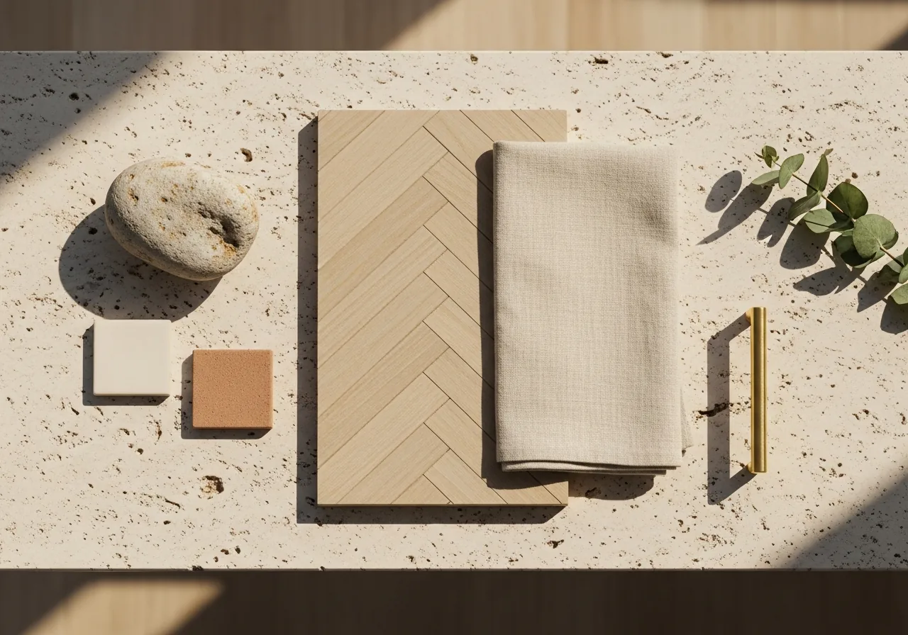 A renovation moodboard on a travertine surface: linen, stone, tile chips, parquet sample, brass cabinet pull and fresh greenery