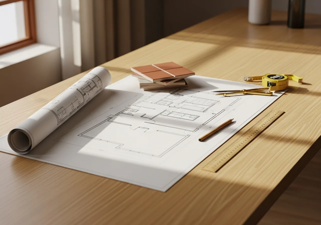 An architect's table with an unrolled floor plan, wooden ruler, brass dividers and tile samples