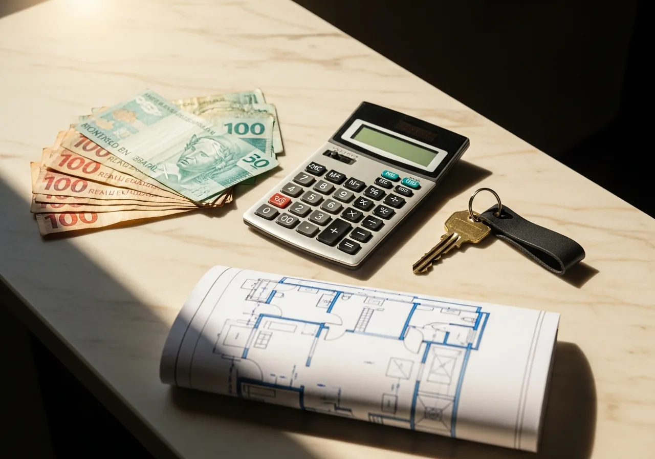 An overhead flat-lay of a calculator, fanned Brazilian real banknotes, a single brass house key and folded floor plans on marble
