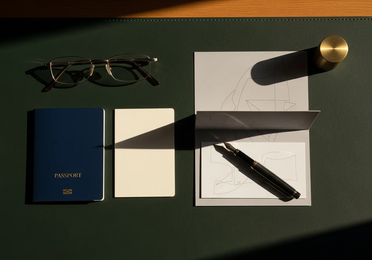A passport, a Brazilian tax-ID card and folded forms on a green leather desk pad
