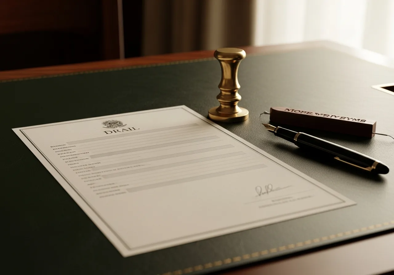 A Brazilian property deed on a notary's leather desk with a brass embossing seal
