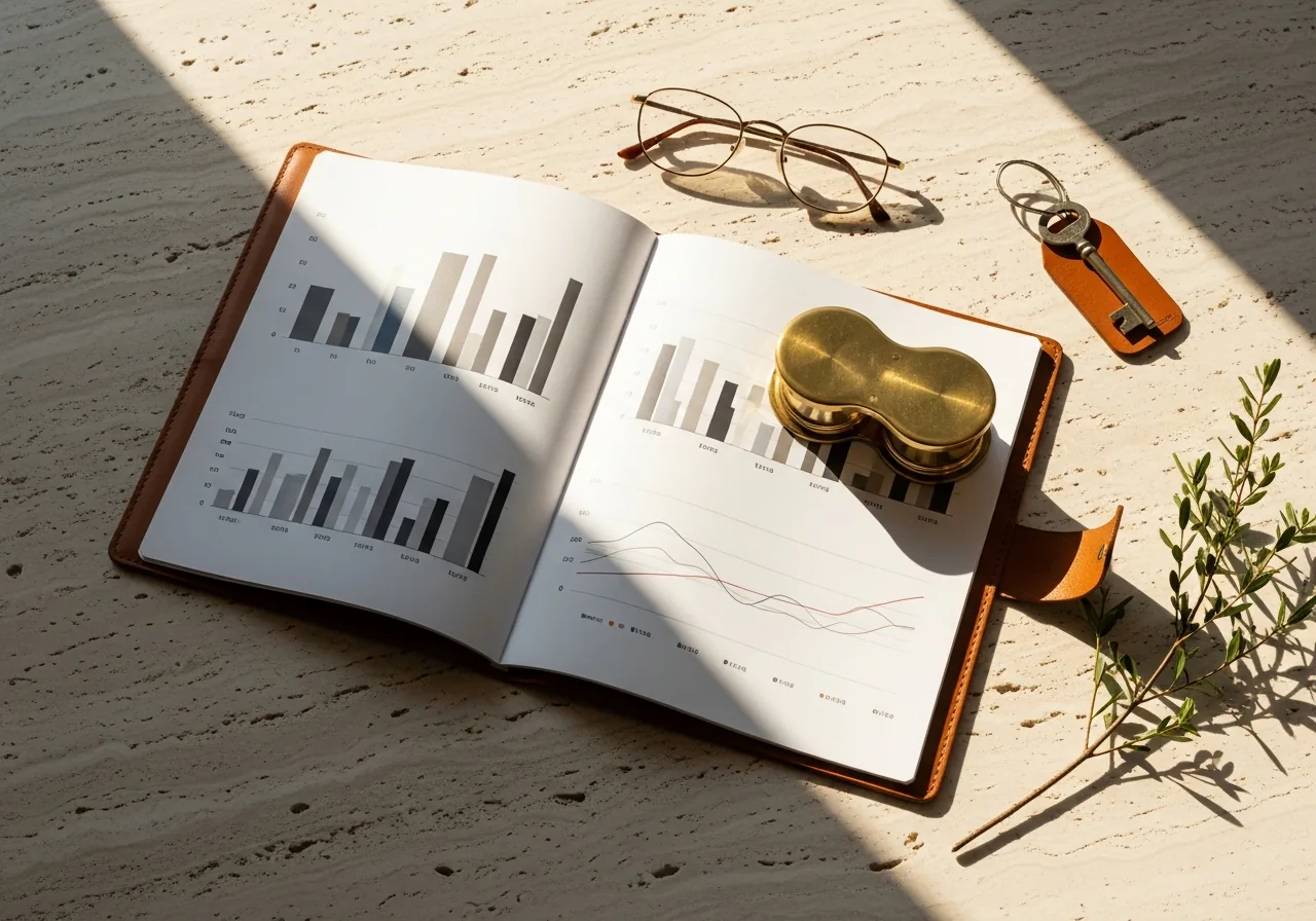 A tan leather portfolio open on a pale travertine surface showing abstract column graphs and a small line chart, with a brass loupe resting on a corner