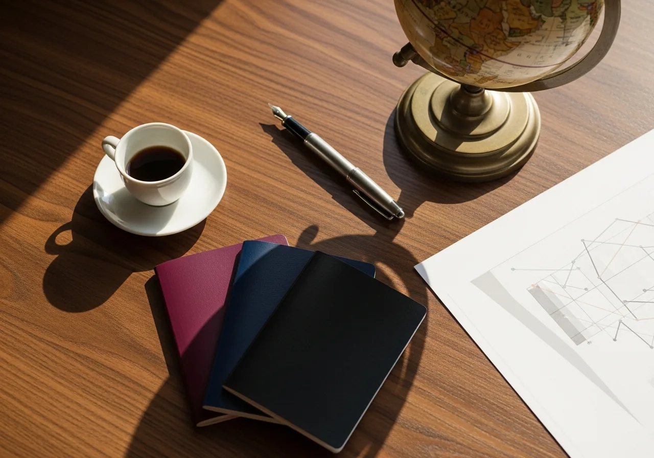 Three closed passports stacked at angles on a dark walnut desk with a brass desk globe in the corner