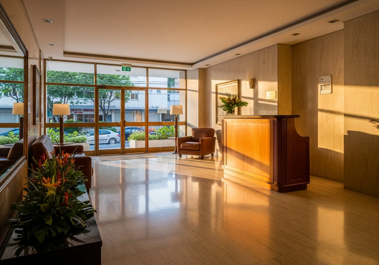The marble-and-brass lobby of an Ipanema residential building with a doorman counter, leather chair and tropical greenery