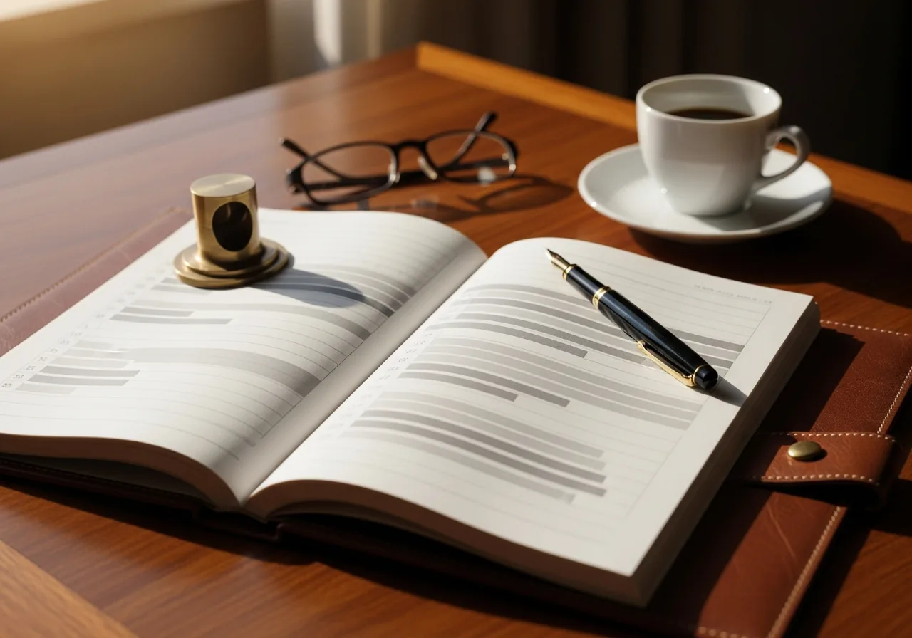 A leather ledger open on a walnut desk showing ten years of abstract income rows, a fountain pen across the page