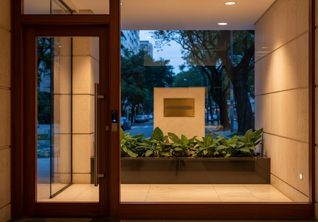 The discreet mahogany-and-glass entry of a Rio luxury residential building at dusk, with warm light inside