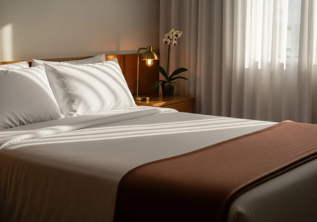 A serviced luxury apartment bedroom in Ipanema made up to hotel standard, with soft afternoon light