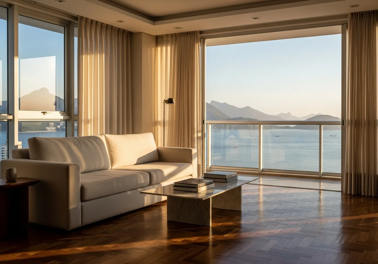 An empty professionally staged luxury Rio living room with sheer drapes drawn back from floor-to-ceiling glass and the bay beyond