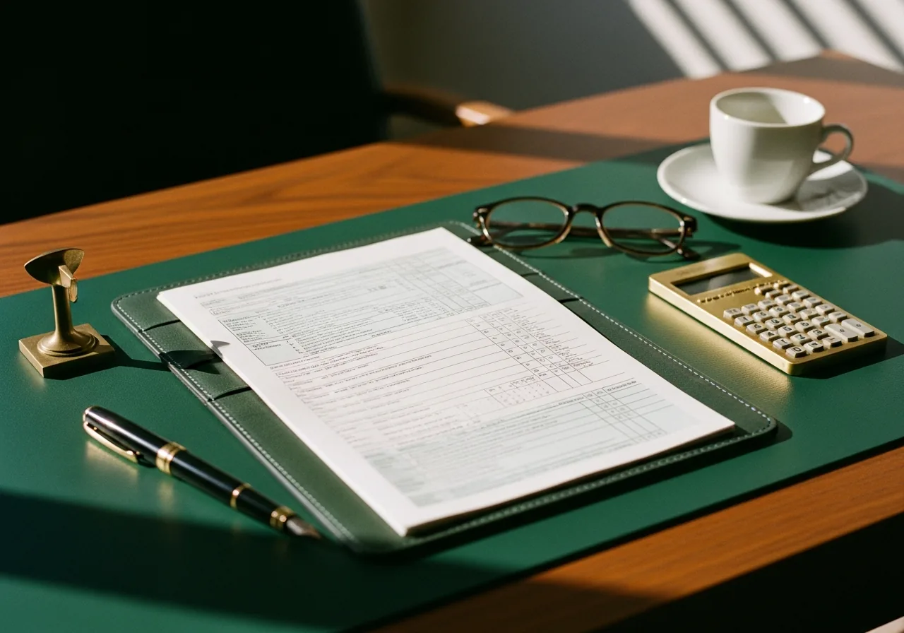 A leather portfolio open to an abstract tax-form layout on a green desk pad, with a fountain pen, brass calculator and reading glasses