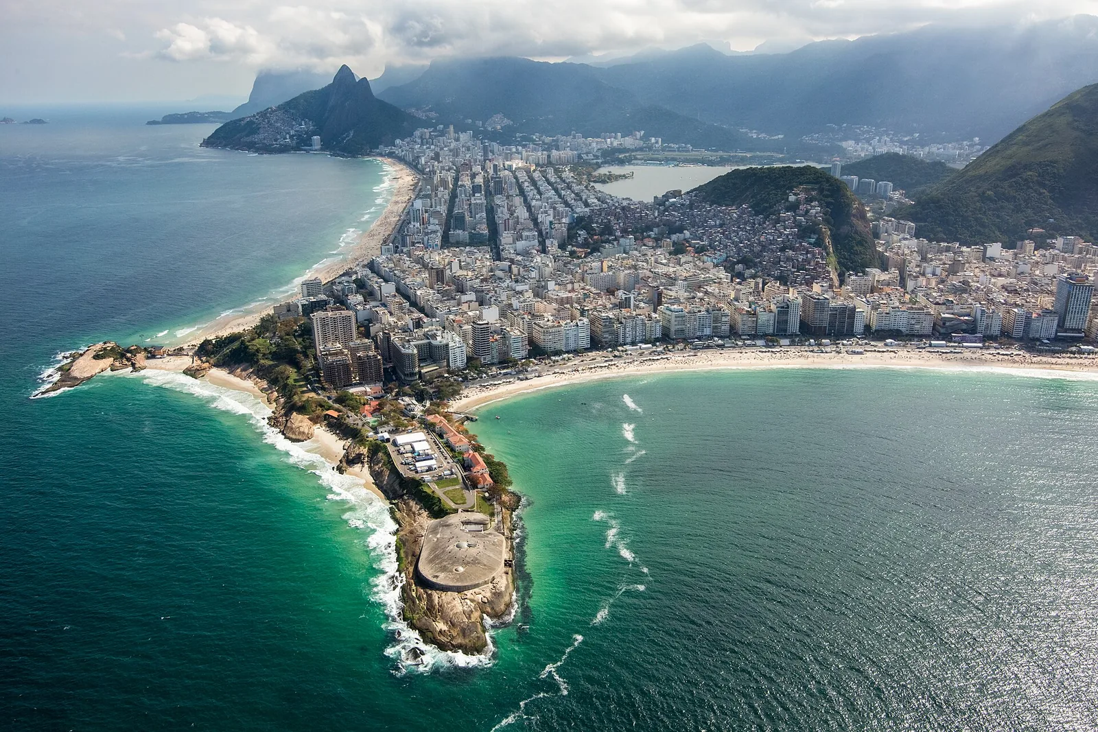 Copacabana fort and beach panorama with the wall of Avenida Atlântica buildings beyond