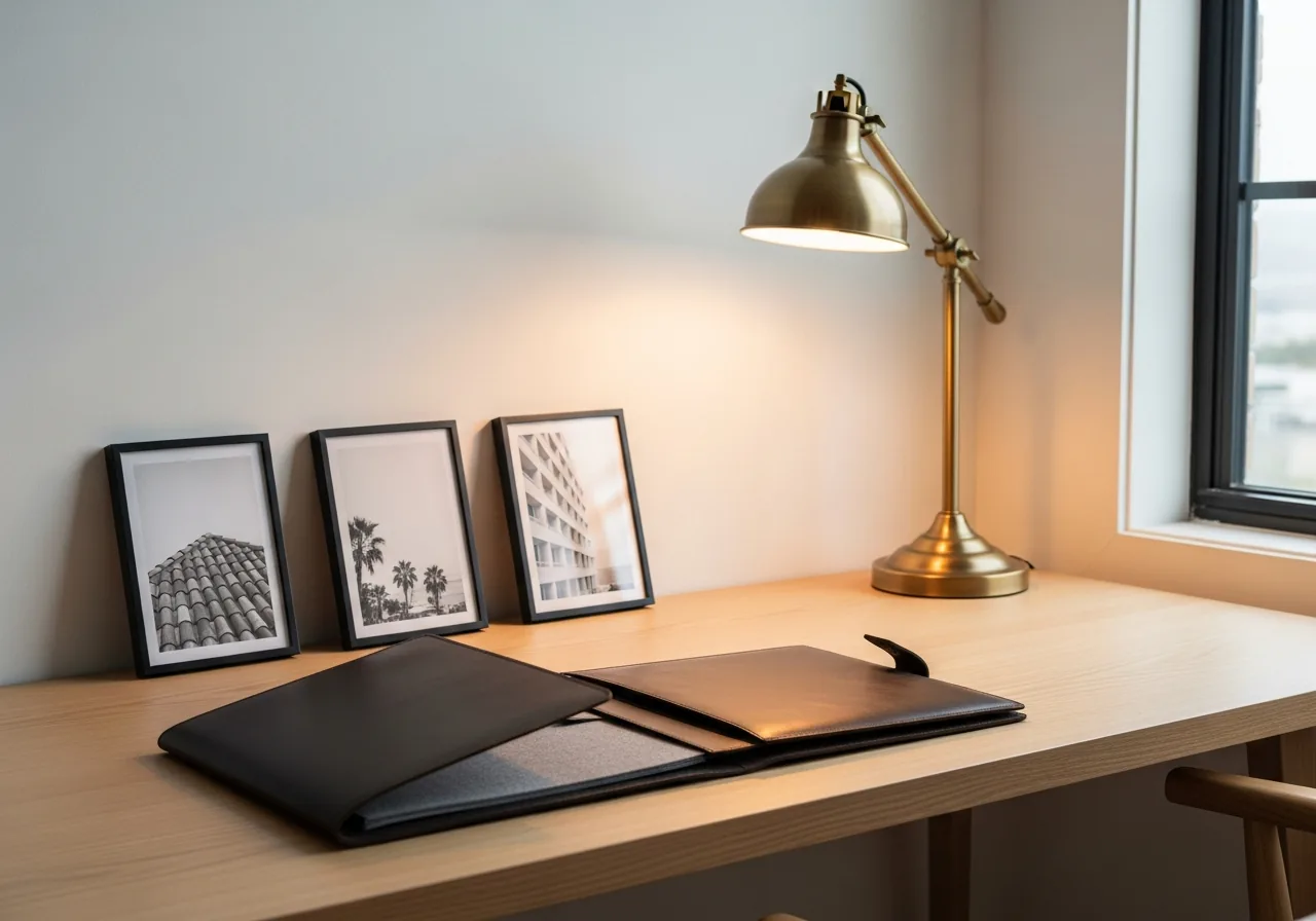 A long pale-oak desk with three framed black-and-white architectural prints, a leather portfolio open in the foreground