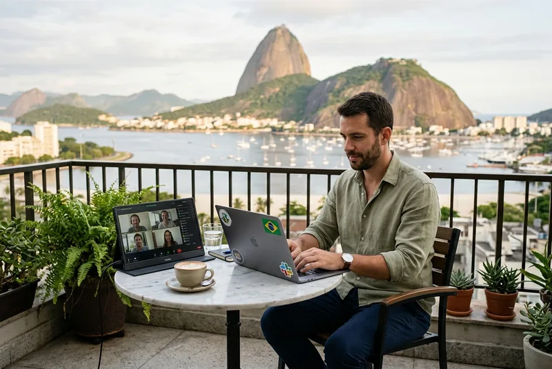 A foreign remote worker on a Botafogo balcony with a laptop, Sugarloaf and Guanabara Bay in the background