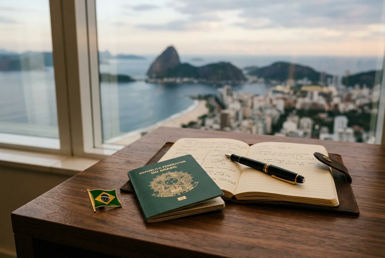 Brazilian passport on a walnut desk beside a fountain pen, with the Rio de Janeiro skyline visible through the window