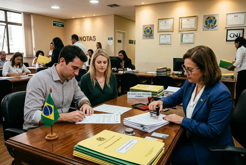 A foreign couple signing residency paperwork at a Brazilian cartório while a notary stamps an official document