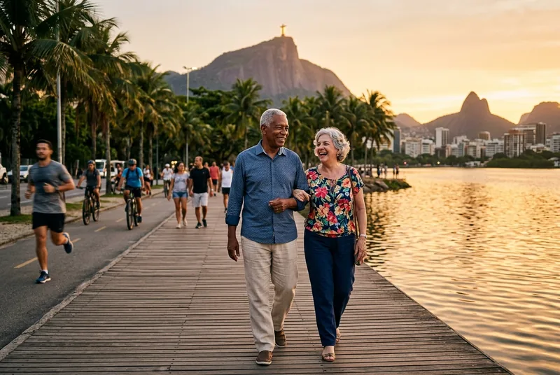 A retired couple walking around the Lagoa Rodrigo de Freitas boardwalk at golden hour, Christ the Redeemer in the distance